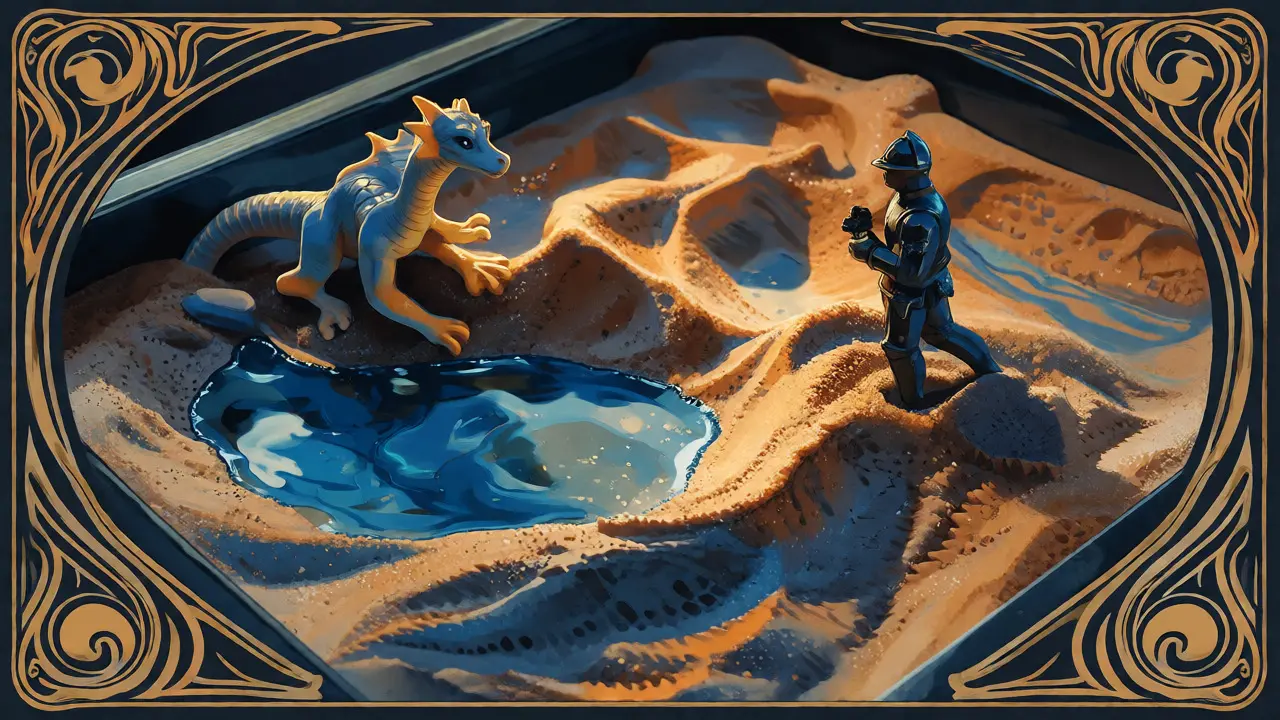 Miniatury draka a rytíře v písku jako symbol strachu