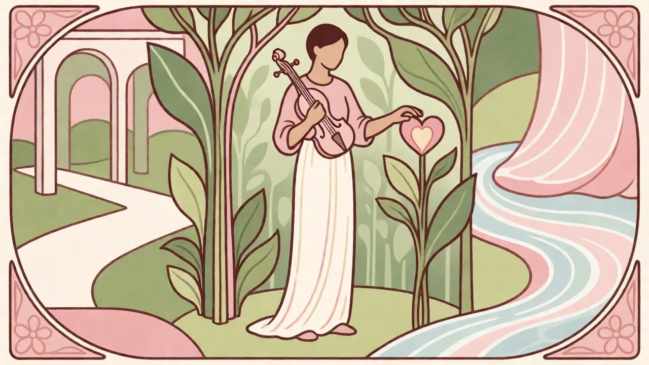 Obrázek ve stylu Art Nouveau zobrazující osobu s autismem v klidném prostředí, symbolizující rovnováhu mezi talentem a podporou.