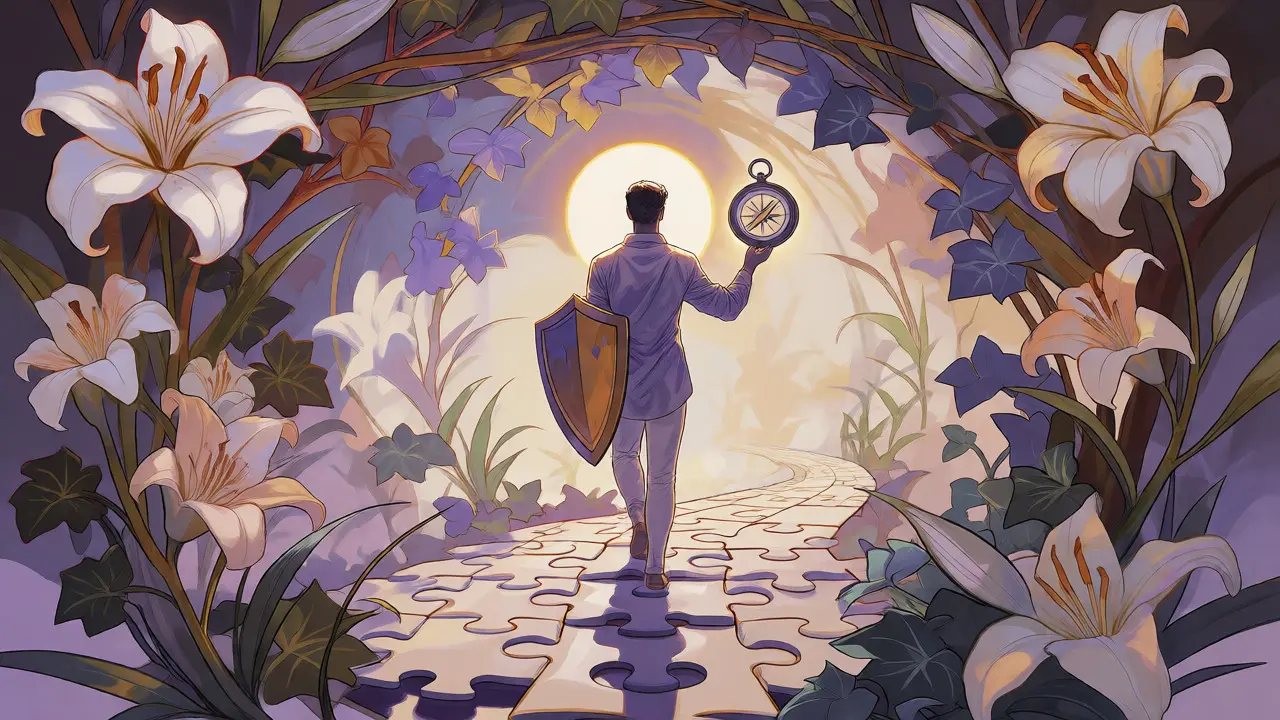 Postava se štítem a kompasem obklopená květinami ve stylu Art Nouveau