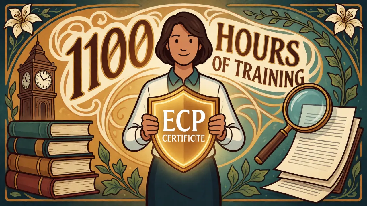 Secesní ilustrace terapeuta s emblémem certifikátu ECP a symboly náročného výcviku.