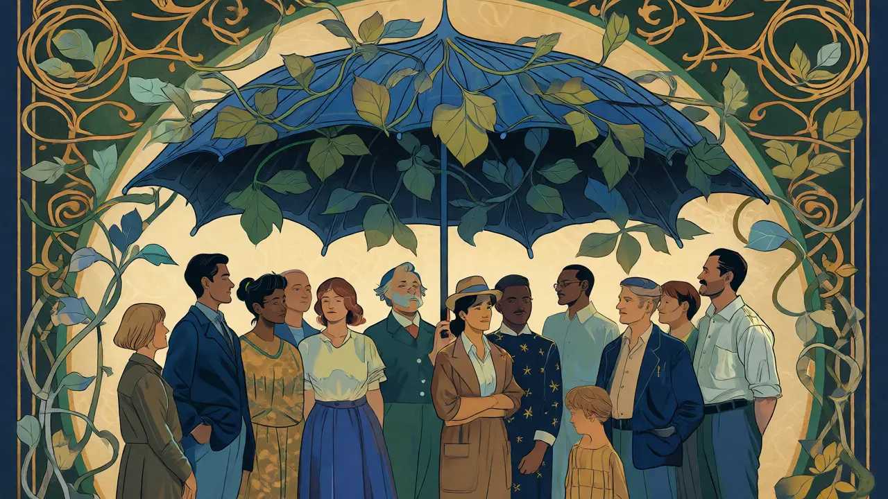 Skupina lidí pod ochranným deštníkem ve stylu Art Nouveau