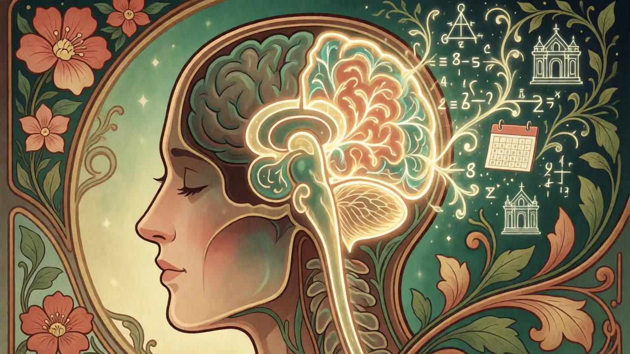 Stylizovaný řez mozkem v Art Nouveau stylu zdůrazňující aktivitu pravé hemisféry a související specifické schopnosti.