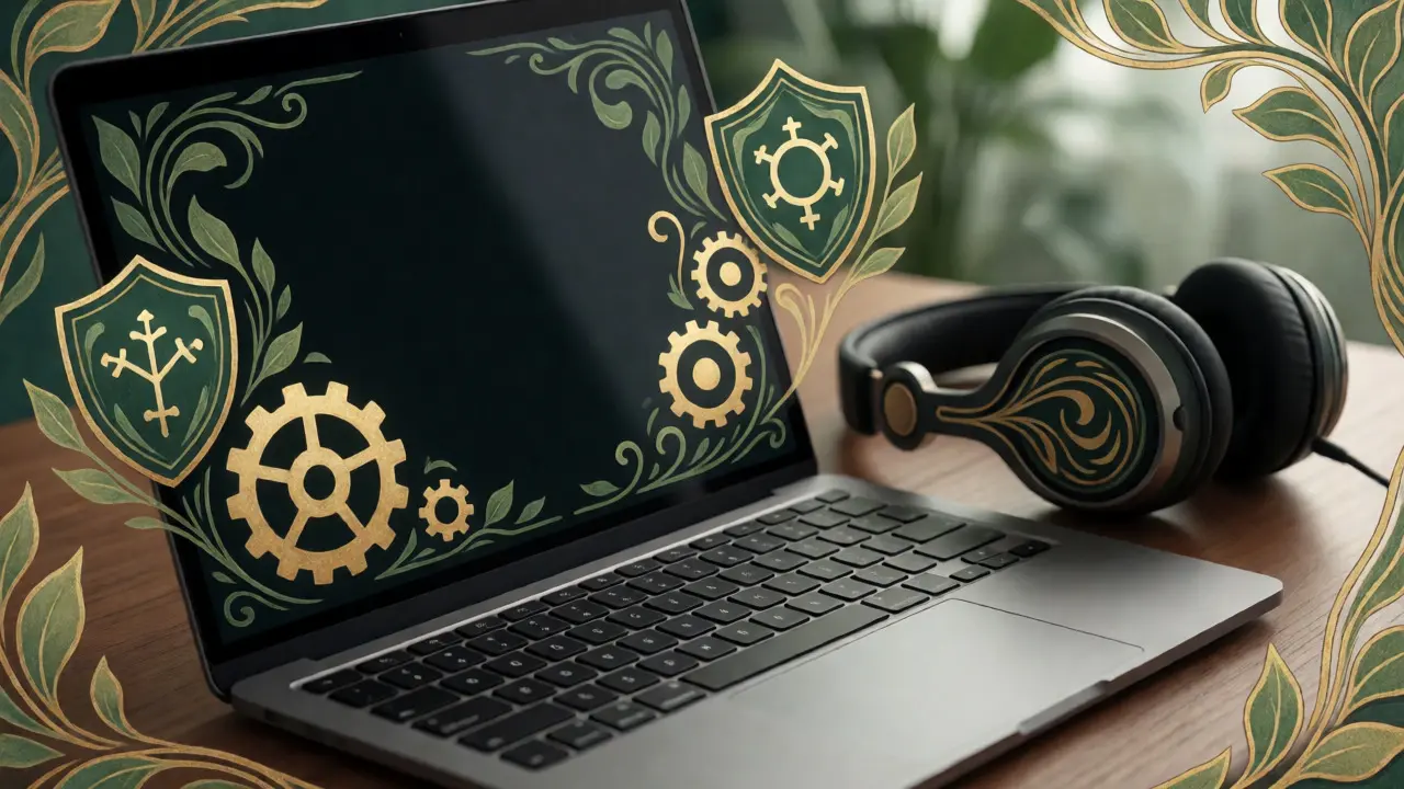 Stylový notebook na stole obklopený ornamentálními prvky šifrování a soukromí.