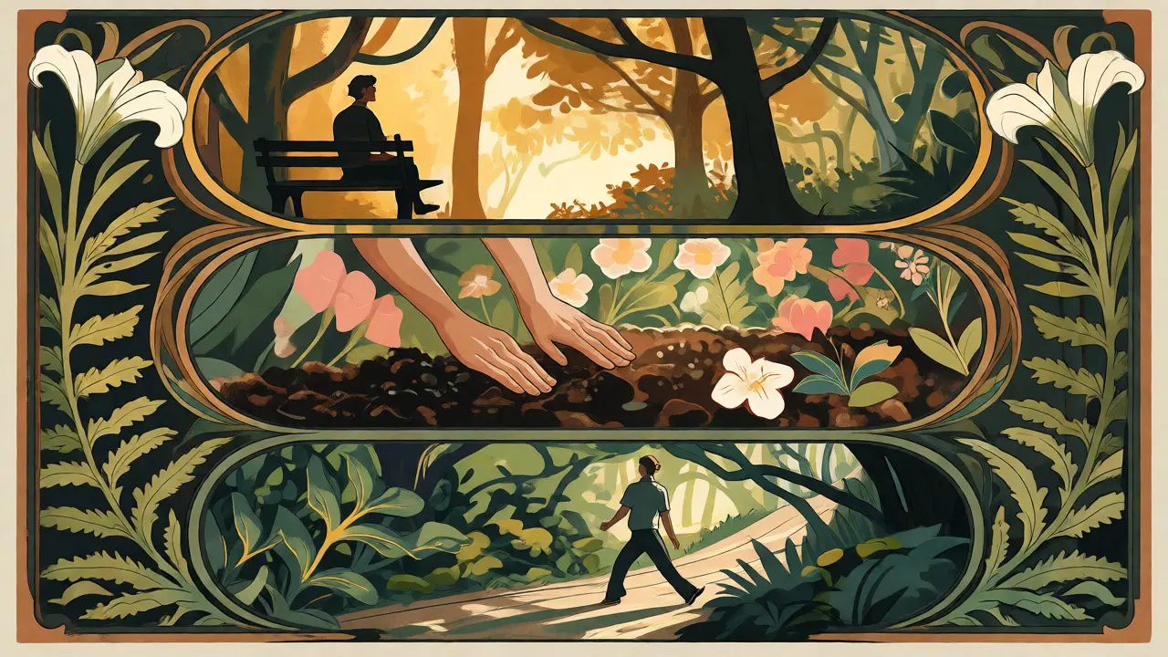 Tři úrovně pobytu v přírodě: park, zahrada a turistika v ilustraci