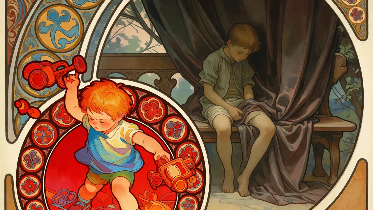 Umělecké zobrazení deprese jako hněvu u dětí a smutku u dospívajících ve stylu Art Nouveau.