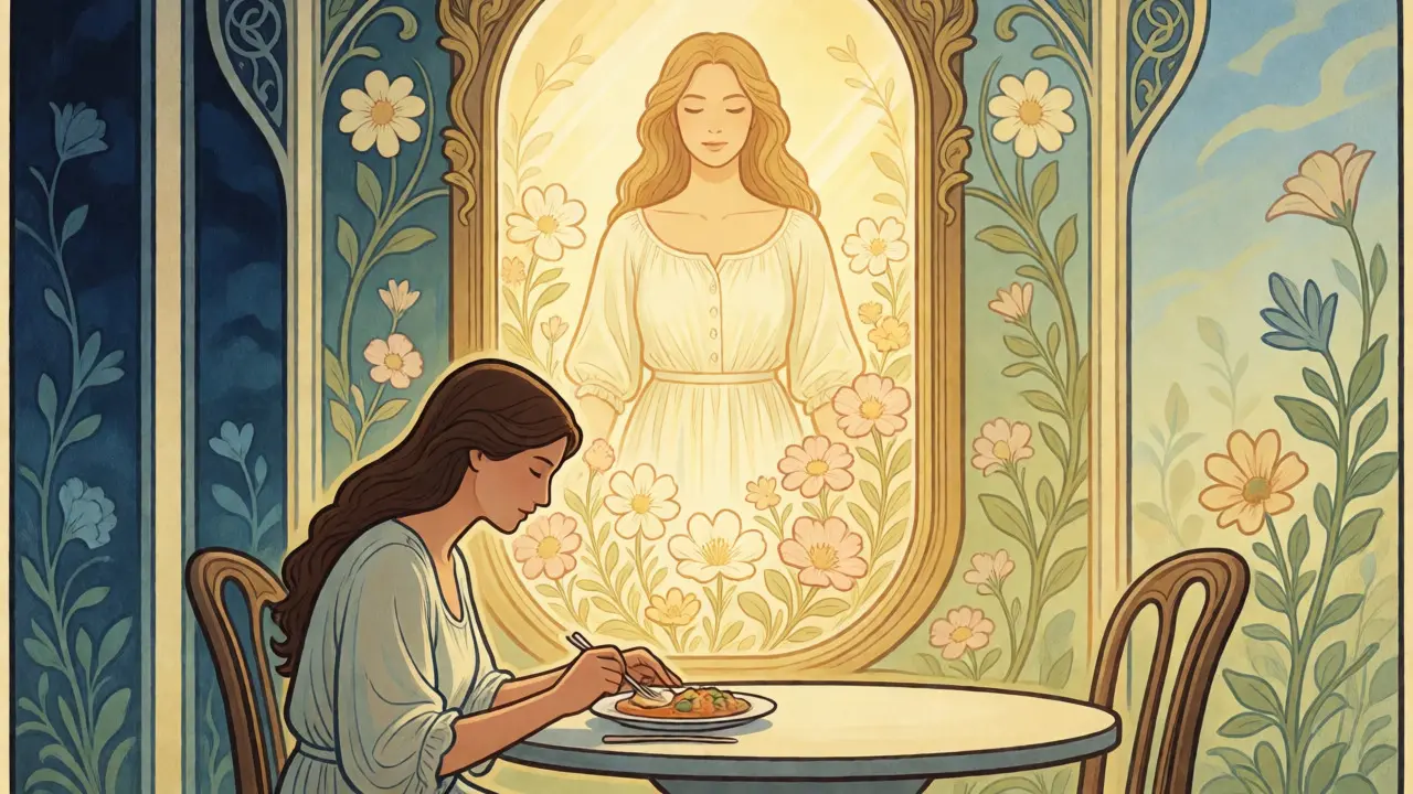 Žena klidně jí u stolu s odrazem sebevědomého já v ozdobném zrcadle ve stylu Art Nouveau.