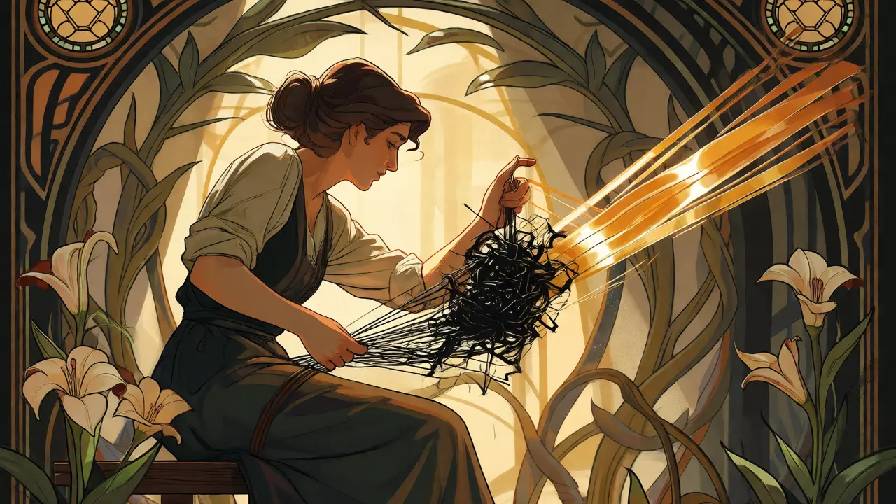 Žena přepřádá temné nitky myšlenek na zlaté vlákna v ilustraci o kognitivní restrukturalizaci.
