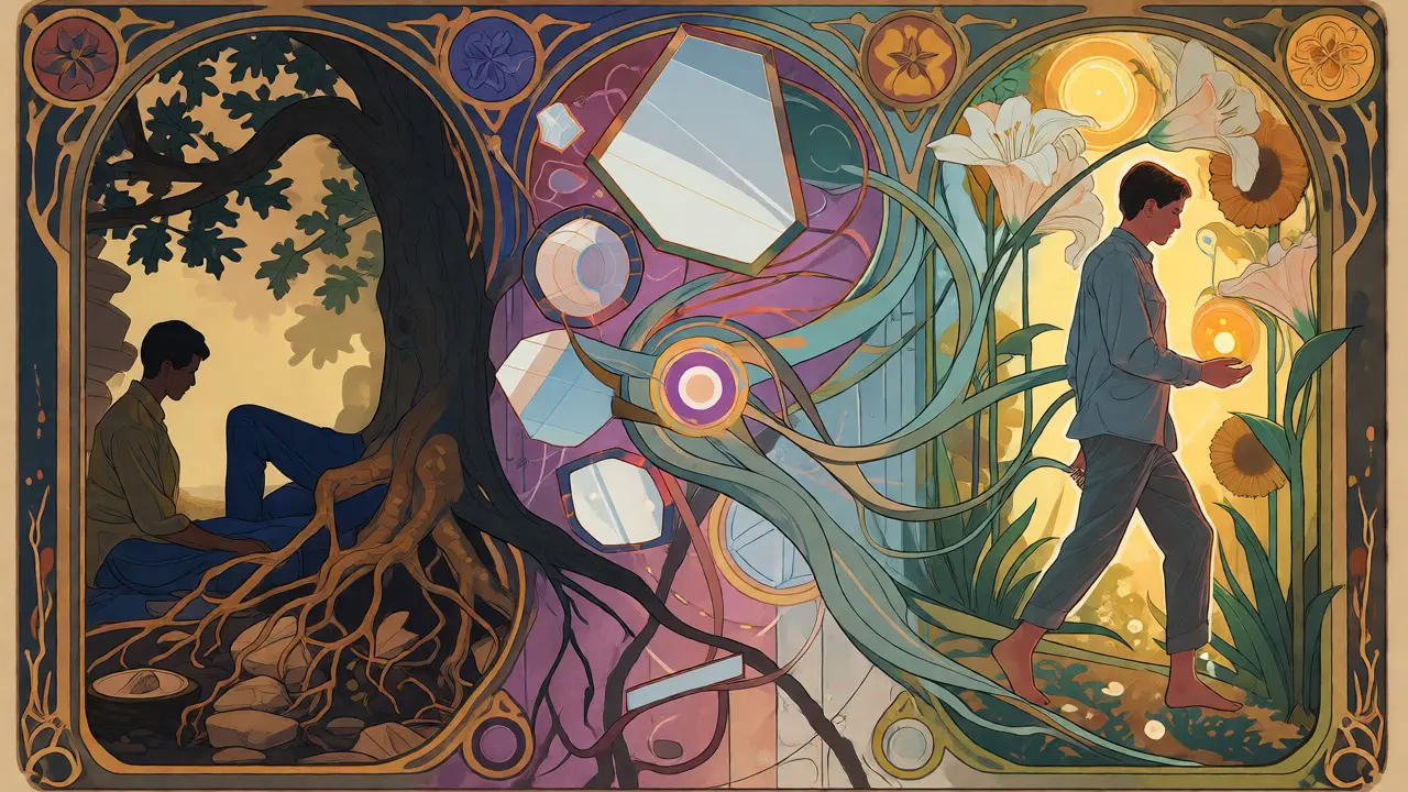 Art Nouveau ilustrace rozdělená do tří částí představujících fáze terapie: stabilizaci, zpracování a integraci traumatu.