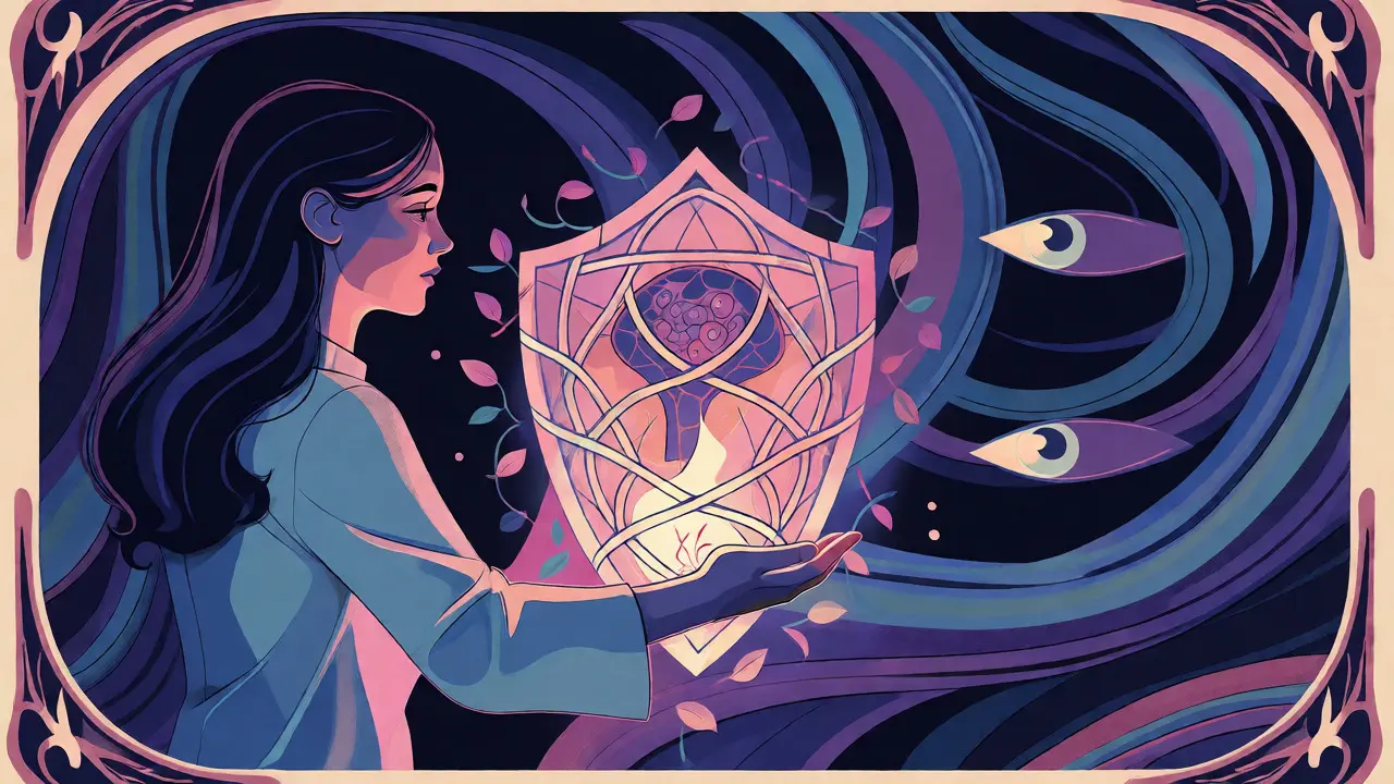 Art Nouveau ilustrace terapeuta chránícího soukromí klienta pomocí ozdobného štítu
