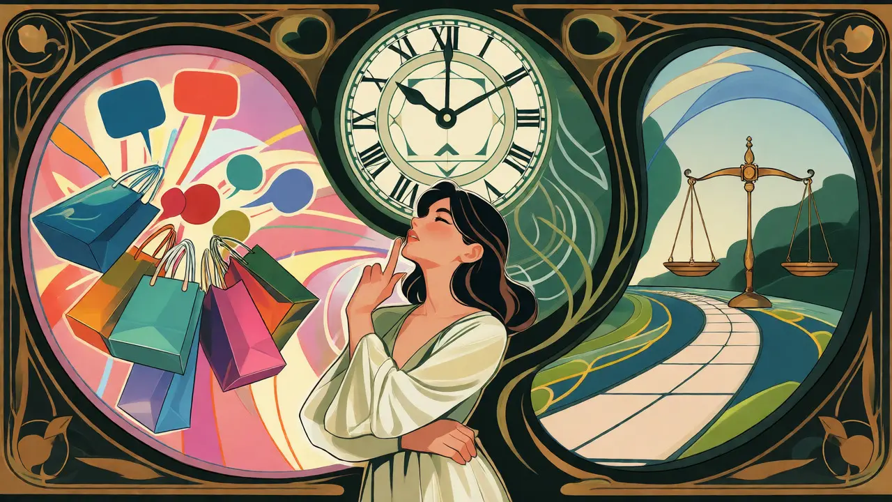 Art Nouveau ilustrace znázorňující metodu Zastav-Promysli-Jednej pomocí tří zón a organických linií.
