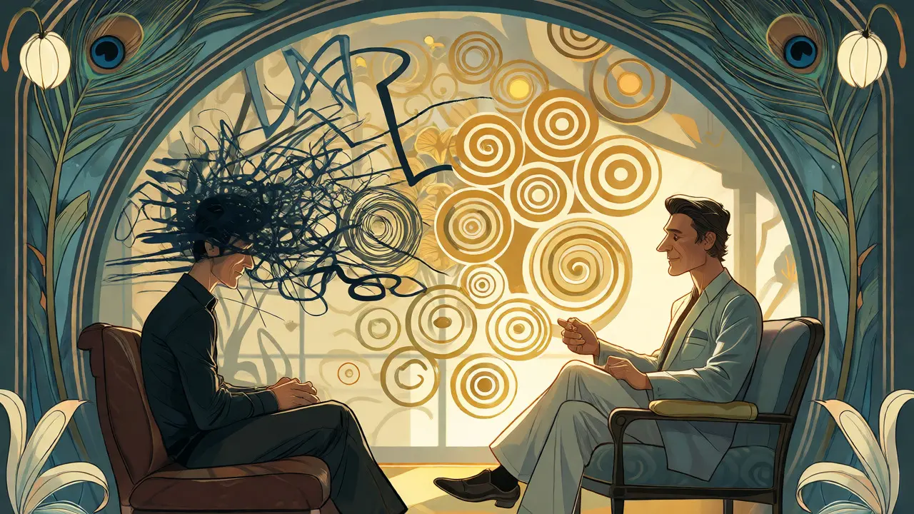 Ilustrace terapie KBT přeměňující chaotické čáry na uspořádané zlaté spirály v dekorativním interiéru.