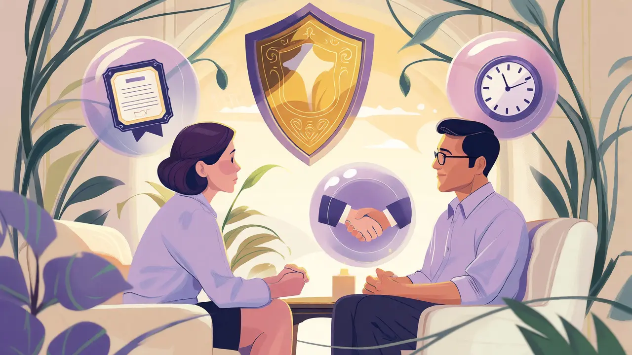 Ilustrace terapie s plovoucími ikonami certifikátů a ověření v secesním rámu