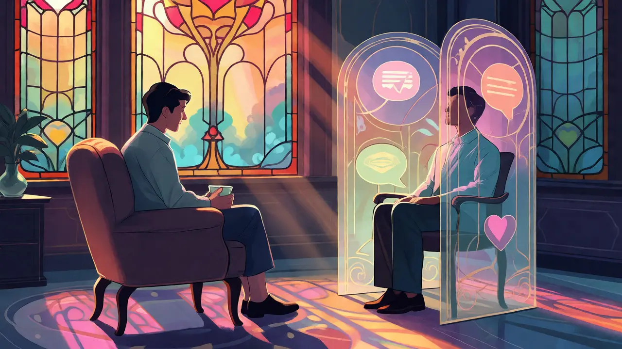 Klientka na individuální terapii v klidném prostředí s dekorativními prvky Art Nouveau.