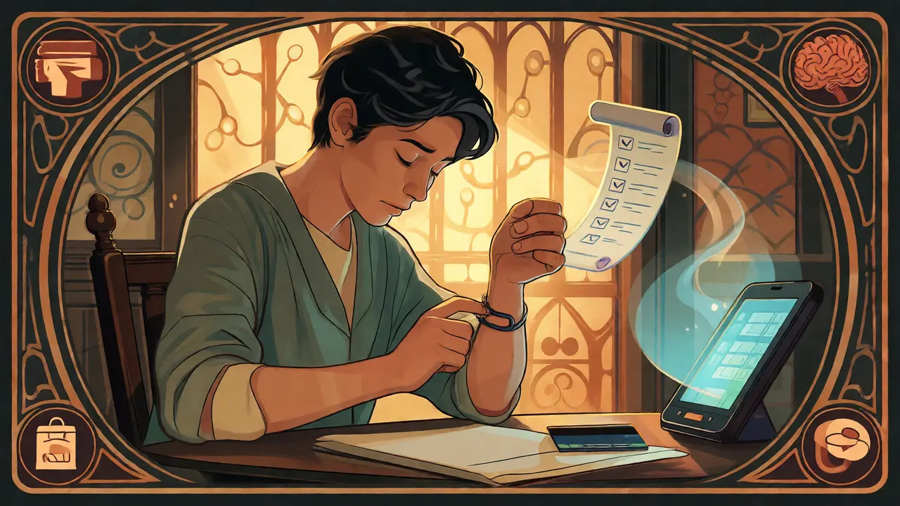 Osoba používající gumu na zápěstí a pauzu před nákupem, obklopená symboly digitální podpory, ve stylu Art Nouveau.