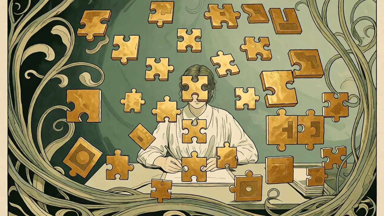 Postava uspořádávající plovoucí geometrické tvary do struktury v elegantní ilustraci