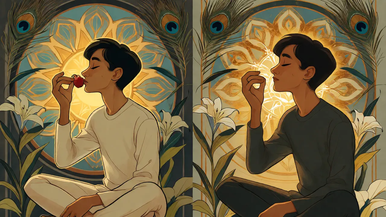 Postava v klidu vnímající chuť ovoce obklopená květinovými vzory ve stylu Art Nouveau