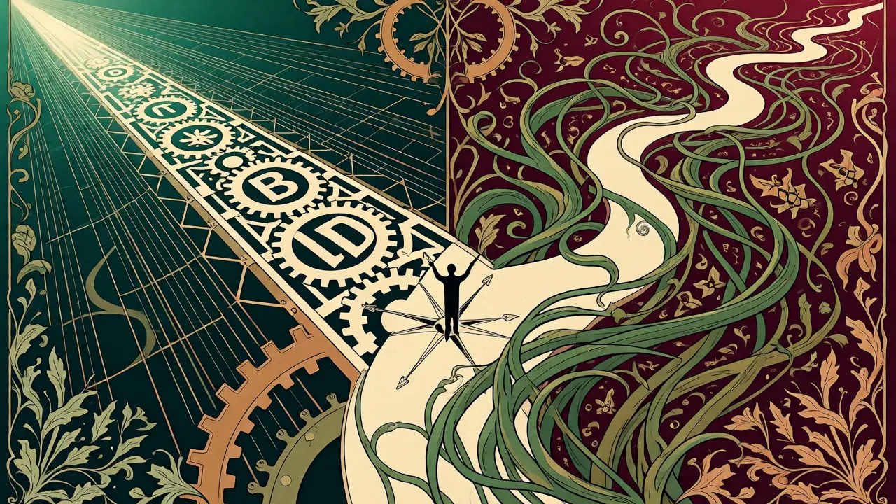 Rozcestí mezi geometrickou cestou terapie a organickou vinicí ve stylu Art Nouveau.