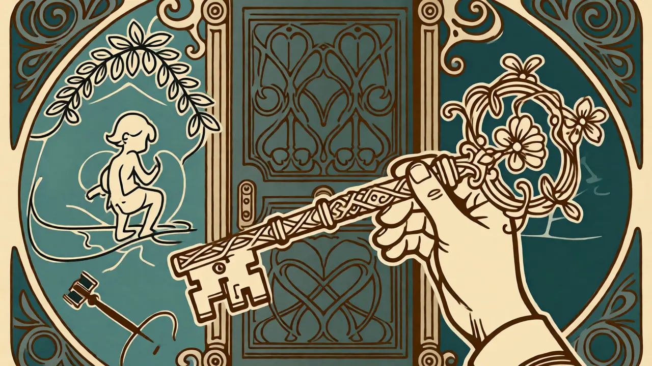 Secesní ilustrace klíče a dveří symbolizujících hranice mlčenlivosti terapeuta.