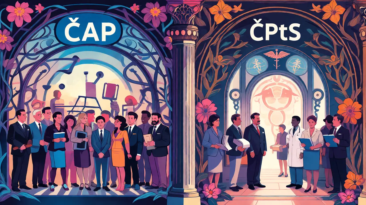 Secesní ilustrace porovnávající přístup ČAP a ČPtS pomocí dekorativních oblouků