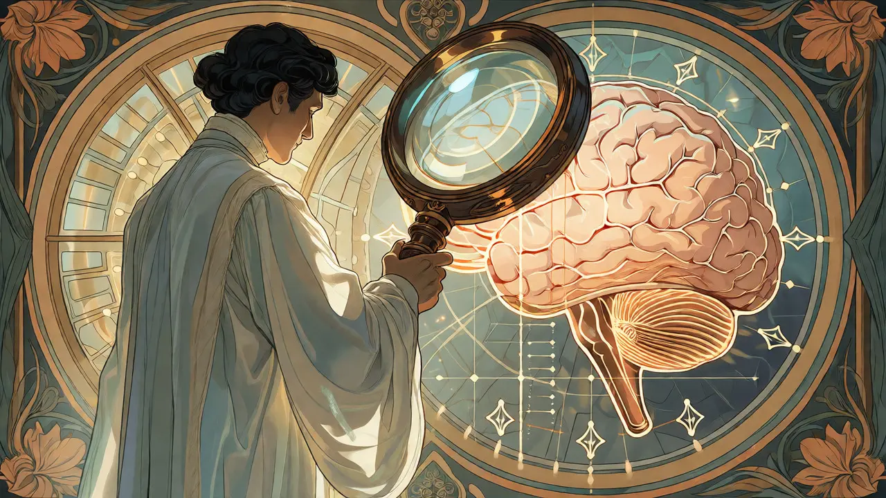 Secesní ilustrace terapeuta zkoumajícího mozek s důrazem na strukturu a data.