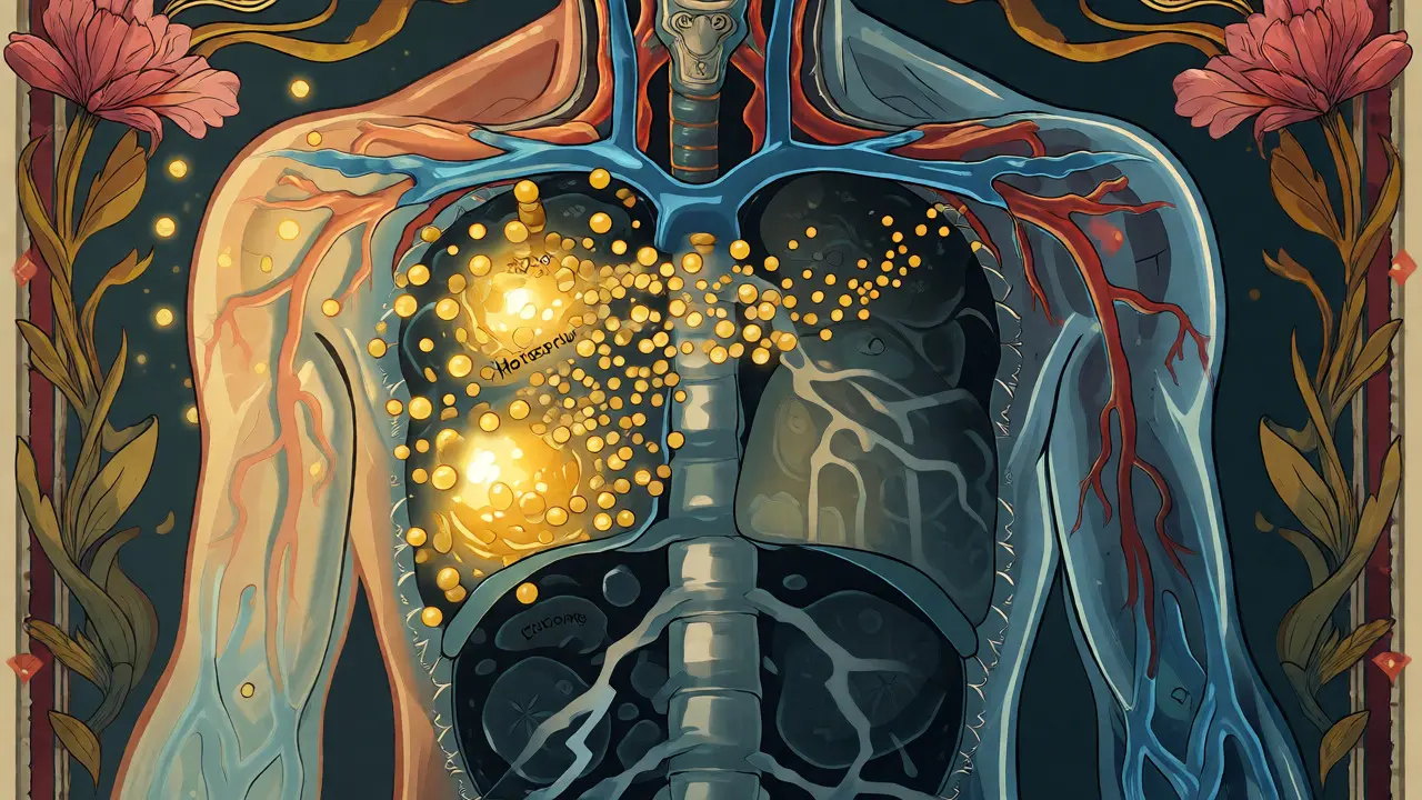 Secesní ilustrace vnitřního přenosu elektrolytů z krve do buněk při refeedingu.