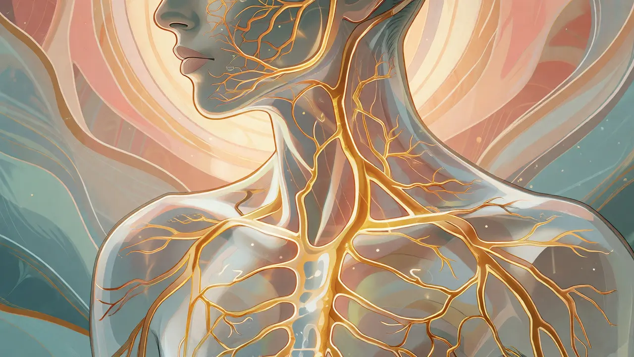 Stylizovaná ilustrace těla s detailními zlatými vzory nervového systému, symbolizující somatickou terapii a uvolnění napětí.