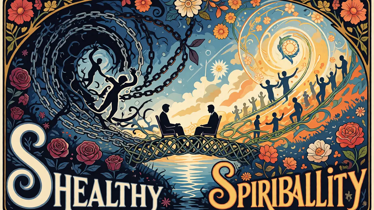 Symbolické zobrazení zdravé a nezdravé spirituality propojené mostem mezi terapeutem a klientem.