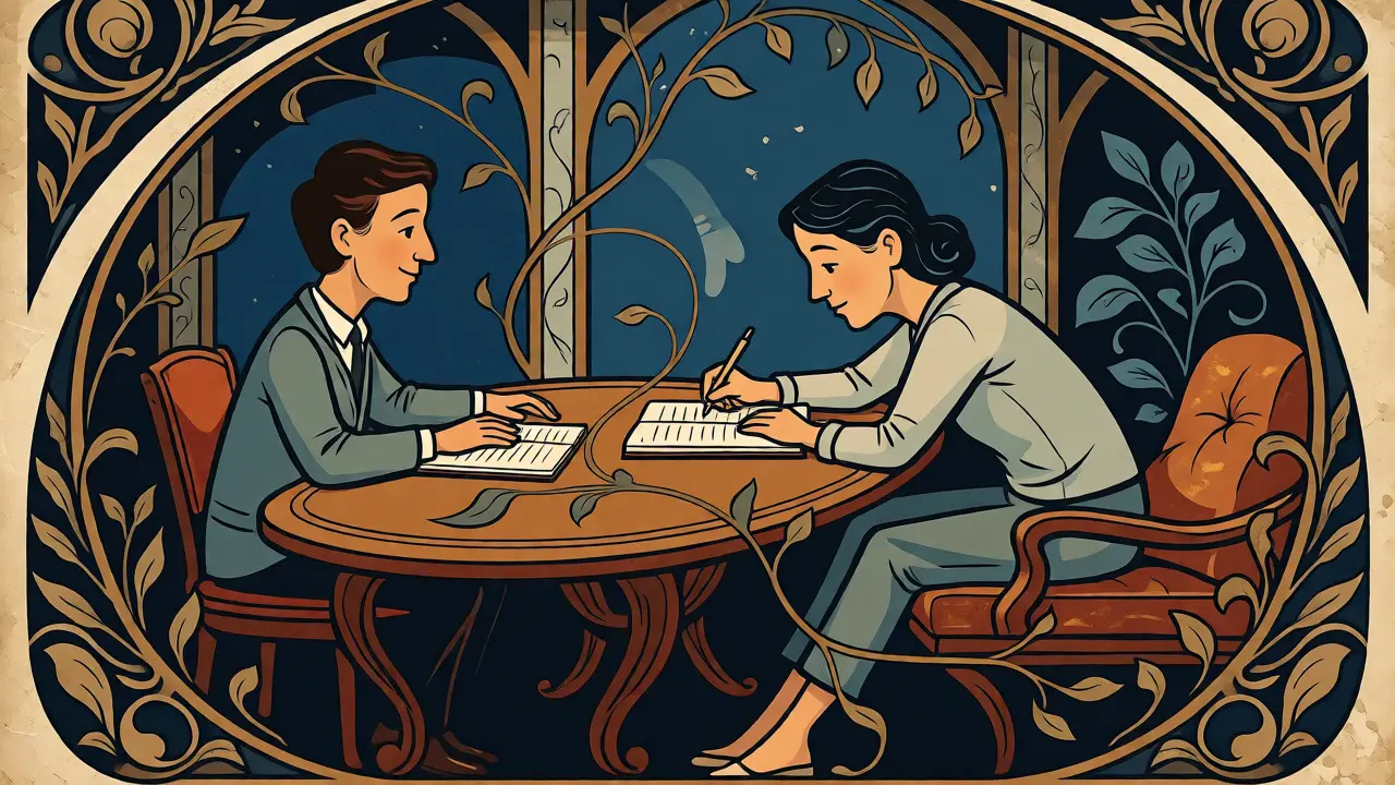 Terapeut a pacient aktivně spolupracují u stolu s poznámkami v ilustraci Art Nouveau.