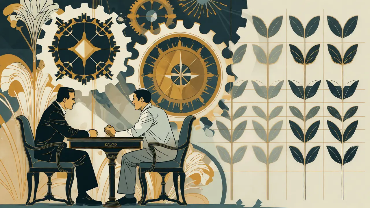 Therapist and patient discussing in an Art Nouveau style with abstract cognitive symbols.